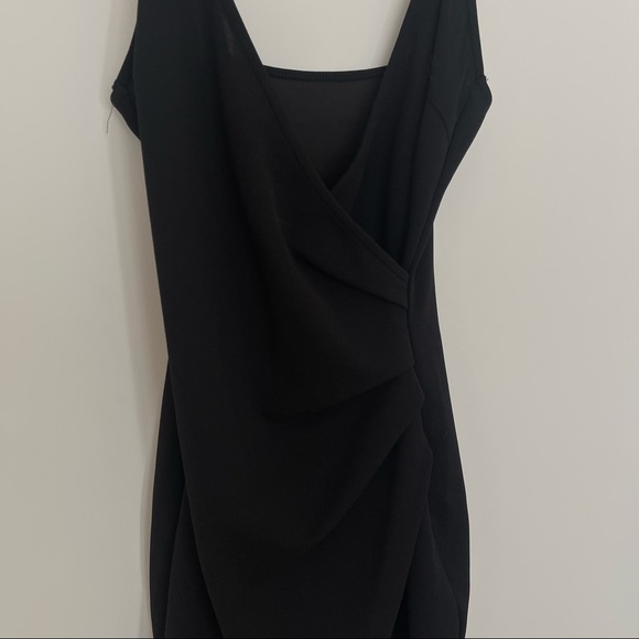Black Asymmetrical Faux Wrap Bodycon Dress w/ Synched Side Detailing - Picture 2 of 3